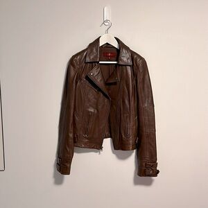 7 for all Mankind brown leather jacket w/ removable Sherpa collar, size M